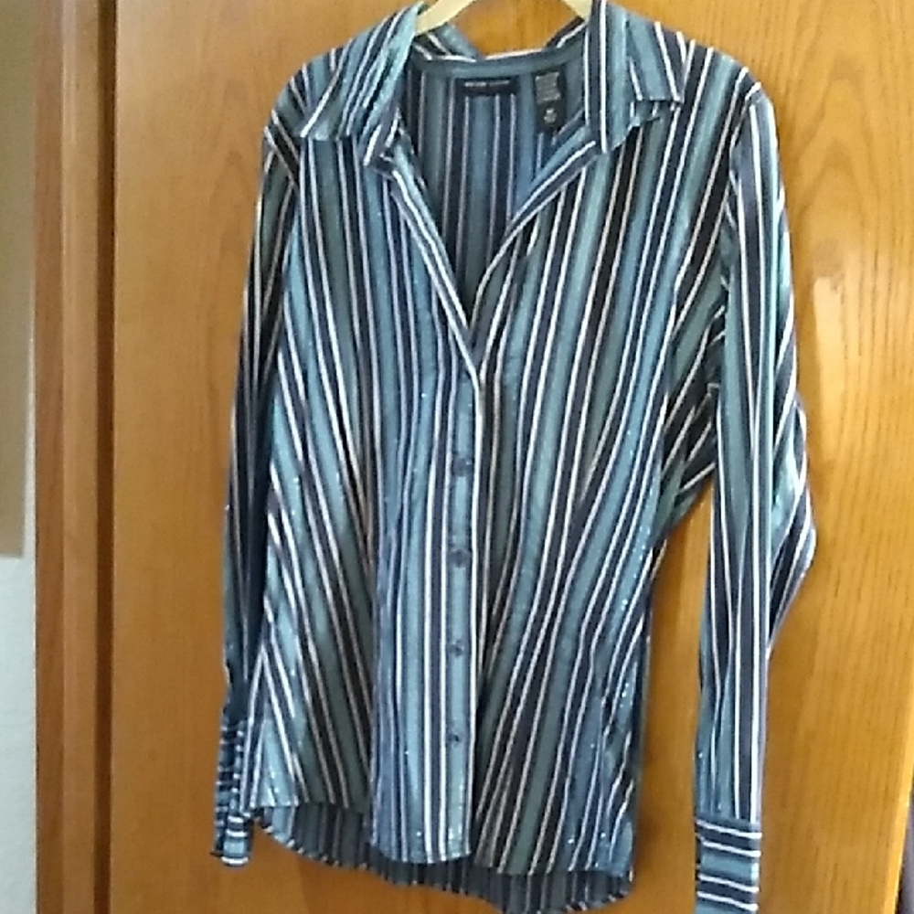 New York & Company Blue Striped Blouse